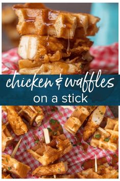 chicken and waffles on a stick with text overlay