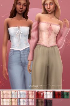 Discover this beautiful Sims 4 CC clothes at number 13 on the female clothes CC list! This vintage-inspired piece features a delicate corset design and an elegant front bow tie, available in sleeveless and off-shoulder puffed sleeve styles. The soft pastel tones and intricate details make it perfect for dreamy, romantic outfits. I adore pairing this with skirts or chic jeans to create stunning vintage-inspired looks. Plus, this Sims 4 CC set includes trendy tops, cozy cardigans, crop tops, skirts, and dresses—all in Maxis Match for a seamless in-game aesthetic!