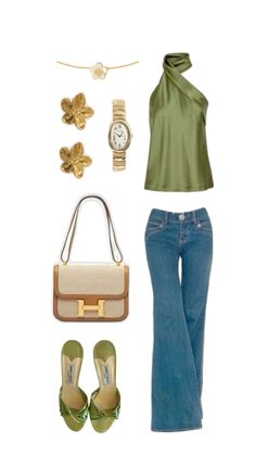 outfit ideas | green outfit inspiration | dinner outfit Beverly Hills Hotel Outfit, Bridal Party Guest Outfit, Fancy Dinner Outfit Ideas, Florida Dinner Outfits, Boca Raton Florida Outfits, Green Old Money Outfit, Green Classy Outfit, Gold Outfit Aesthetic, Green Spring Outfits