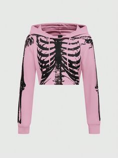 Women's Short Black Skeleton Print Hoodie,Long Sleeve Tops Pink Casual  Long Sleeve Fabric Halloween,Plain Zip Up Slight Stretch  Women Clothing, size features are:Bust: ,Length: ,Sleeve Length: Crazy Leggings, Gothic Hoodies, Punk Woman, Black Skeleton, Skull Clothing, Skeleton Print, Rose Bonbon, Fashion Tights, Grunge Punk