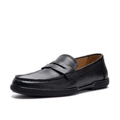 Step into style and comfort with our Chic Cowhide Penny Loafers. Crafted with genuine leather and a luxurious feel, these loafers are perfect for casual outings. The round toe shape and slip-on closure make them effortlessly elegant, while the rubber outsole provides excellent traction and stability. Upgrade your shoe collection and walk with confidence in our Chic Cowhide Penny Loafers today! Business Casual Moccasins With Textured Sole And Flat Heel, Business Casual Slip-on Leather Shoes With Textured Sole, Business Casual Textured Sole Leather Slip-on Shoes, Business Casual Slip-on Leather Shoes With Branded Insole, Business Slip-ons With Leather Sole And Round Toe, Business Casual Slip-ons With Almond Toe And Stitched Sole, Business Loafers With Textured Sole And Round Toe, Business Slip-on Moccasins With Removable Insole, Business Loafers With Rubber Sole And Round Toe