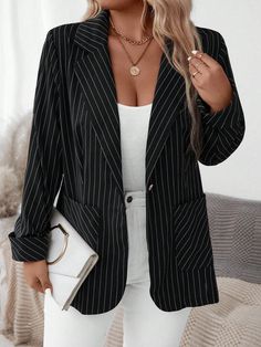 Negro Casual Collar manga larga Tela tricotada A rayas Normal Embellished No-Elástico Black Blazer Outfits For Women Plus Size, Striped Semi-formal Long Sleeve Outerwear, Plus Size Over Sized Blazer, Plus Size Blazer Black, Striped Jacket Outfit, Semi-formal Long Sleeve Pinstripe Blazer, Striped Blazer Outfit, Plus Size Blazers, Blazer Outfits Casual