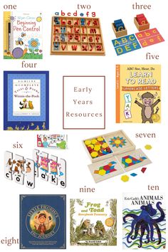 an image of children's books and toys with words on them that say, early years resources