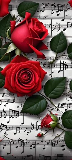 two red roses on sheet music with musical notes in the backgroung background