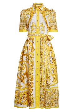 From the label's fall '24 collection, this belted cotton-poplin shirtdress brightens the day in a golden-toned print inspired by hand-painted majolica tiles. Front button closure Point collar Short sleeves Side-seam pockets Removable tie belt Unlined 100% cotton Dry clean Made in Italy Designer Clothing Luxury Belted Midi Dress, Designer Spring Shirt Dress For Daywear, Designer Cotton Spring Dresses, Designer Shirt Dress For Spring Daywear, Designer Cotton Dresses For Spring, Luxury Spring Shirt Dress For Daywear, Luxury Shirt Dress For Spring Daywear, Luxury Shirt Dress For Daywear In Spring, Designer Summer Midi Dress