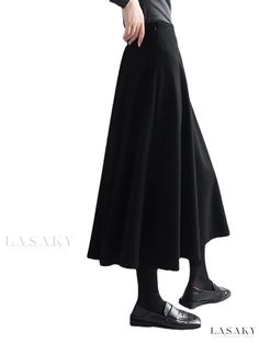 Lasaky - Wool High-Waisted Skirt with Dual Pockets - Elegant and Stylish Full Length Black Skirt For Fall, Winter Black Wide Leg Skirt, Black Full-length Skirt For Fall, Elegant Solid Color Full Skirt, Elegant Full Skirt In Solid Color, Solid Color Full Skirt With Wide Waistband, Solid Color Stretch Wide Leg Skirt, High Waist Solid Color Maxi Skirt For Fall, Full Skirt With Wide Waistband