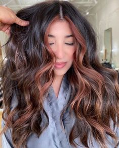 Reddish Brown Money Piece, Dark Brown Hair Red Money Piece, Copper Peak A Boo Hair, Red Underlayer Hair, Balayage Black Hair, Baddie Era, Brown Ombre Hair Color, Black Red Hair