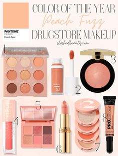 Try the color of the year, Peach Fuzz, in your makeup looks with these drugstore picks! | Slashed Beauty Light Spring Drugstore Makeup, Peach Fuzz Makeup, Soft Peach Makeup, Peach Eyeshadow Looks, Peach Makeup Look, Beauty Recommendations, Peach Makeup, Eyeshadow For Blue Eyes, True Spring