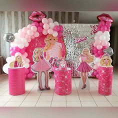 barbie birthday party decorations with pink and white balloons