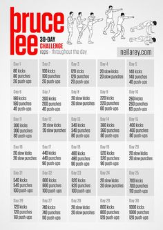 the bruce lee workout plan is shown in red and white, with instructions for how to do