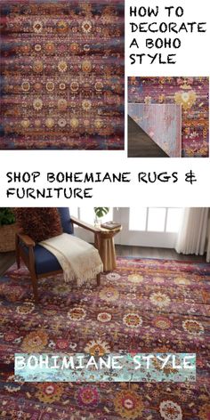 a large rug with different colors and patterns on it, including the words shop bohemian rugs & furniture