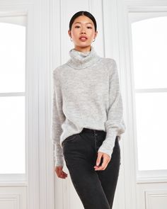 Chunky and comfortable at its core, our alpaca turtleneck sweater is made to be loved. Soft and luxurious, the flecked yarn and plush feel make it ideal for harsher weather. Alpaca wool is long lasting and resistant to pilling, and doesn't have the scratchiness of some other wools.  | Quince | Women's Alpaca Turtleneck Sweater in Light Grey, Size XL How To Have Style, Turtleneck Sweaters, Alpaca Sweater, Comfortable Sweater, Wool Turtleneck, Cashmere Turtleneck, Beautiful Sweater, To Be Loved, Warm Sweaters