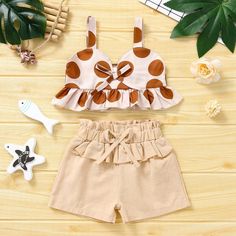 Toddler Girl Polka Dot Ruffle Trim Cami Top & Shorts - PrettyKid Beige Playwear Sets For Summer, Summer Beige Playwear Sets, Cute Solid Color Summer Sets, Cotton Polka Dot Sets For Summer, Playful Solid Color Summer Sets, Cute Polka Dot Summer Sets, Girls Dresses Diy, Cool Baby Clothes