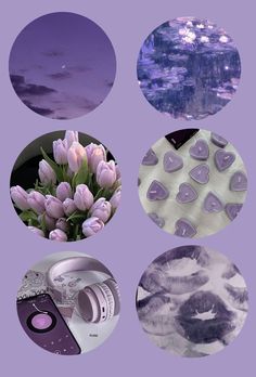 four different pictures with purple and white flowers in the middle one has heart shaped buttons