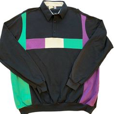 Fabulous Mens Vintage Colorblock Knit Pull Over With Collar And 3 Buttons! Dead Stock With Tags! Classic 90’s Look With Purple, Black, Green And Cream. Classic Side Pockets And Gathered Waist. 28 Inches Armpit To Armpit 30 Long Vintage Black Patchwork Top, Retro Black Long Sleeve Tops, Black Cotton Shirt With Color Block, Retro Black Shirt For Fall, Retro Black Long Sleeve Shirt, Colorblock Shirt, Mens Knit, Ribbed Shirt, Mens Vintage