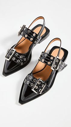 GANNI Wide Welt Buckle Ballerina Flats | SHOPBOP Ganni Buckle Flats, Trendy Black Shoes, Ganni Shoes, Sneakers Accessories, White Ballerina Flats, Elegant Footwear, Floaty Summer Dresses, Buckled Flats, Slingback Flats