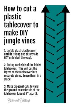 the instructions for how to cut a plastic tablecover to make diy jungle vines