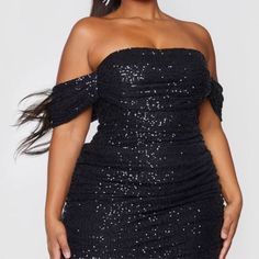 Prettylittlething Off The Shoulder Sequin Bodycon Dress. Glamorous Black Off-shoulder Midi Dress, Off-shoulder Dress For Date Night Holiday, Off-shoulder Date Night Holiday Dresses, Off-shoulder Date Night Dresses For Holidays, Black Sequined Off-shoulder Dress, Black Off-shoulder Holiday Dress, Off The Shoulder Black Dress, Corset Top Dress, Plt Dresses