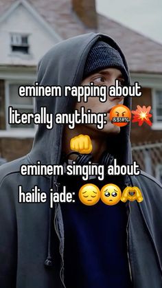 a man wearing a hoodie with emotication on his face and the caption reads, emiimen rapping about literally anything