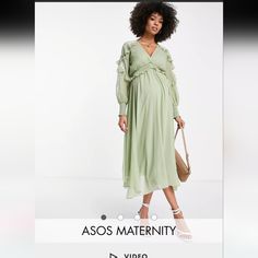 Maternity Dress By Asos Design All Dressed Up V-Neck Blouson Sleeves Shirred, Stretch Waist And Cuffs Embroidered Details Button-Keyhole Back Olive Green Baby Shower Dress, Green Baby Shower Dress, Maternity Maxi Dress With Lace Trim, Maternity V-neck Dress With Ruffles, Green V-neck Maternity Dress For Summer, Spring Maternity V-neck Dress With Ruffles, Green V-neck Maternity Dress, V-neck Maternity Dress With Ruffles, Spring Maternity Dress With Ruffles And V-neck