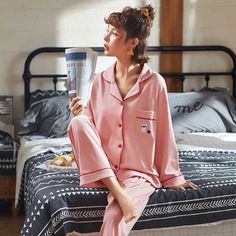 Korean Couple Lapel Long Sleeve Cotton Cardigan Home Service Pajamas Set on sale Mens Silk Pajamas, Couple Pajamas, Mens Pajamas Set, Silk Sleepwear, Summer Pajamas, Silk Pajama Set, Korean Couple, Cotton Pajama Sets, Woman Weaving