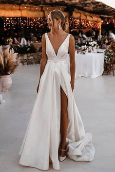 A Line Deep V Neck Open Back White Long Prom Wedding Dresses, Long Open Back High Slit White Formal Evening Dresses Wedding Dresses Satin, Bohemian Wedding Dress, Custom Size Dresses, A Line Prom Dresses, Dresses 2024, Satin Wedding, Long Wedding Dresses, Prom Wedding, Stretch Satin