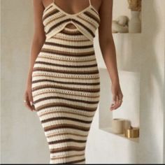 Fashionnova Brown Tan Striped Crocheted Knit Bodycon Halter Midi Dress Size Medium Nwt Brand New With Tags. Never Been Worn. Fall Fashion Form Fitting New To Poshmark? Signup Using Code Ericat1123 For $10 Off Your First Purchase! Fitted Beige Crochet Dress With V-neck, Chic Beige Bodycon Beach Dress, Chic Beige Bodycon Dress For Beach, Fitted Beige Knit Crochet Dress, Fitted Beige Crochet Knit Dress, Casual Brown Crochet Dress, Fitted Crochet Knit Dress For Day Out, Beige Midi-length Crochet Dress For Day Out, Beach Beige Knit Midi Dress