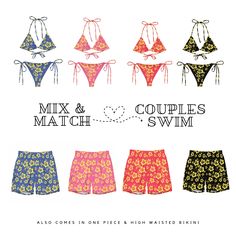 Matching Couples Swimwear Check out each item out separately  Mens UPF 50+ Swim Shorts - XXS-6XL Quick-drying and breathable, multiple pockets for your belongings, and feature a silky, anti-chafe inner liner.  * Four-way stretch water-repellent microfiber fabric * Anti-chafe mesh inner liner * Elastic waistband with drawcord * Mesh pockets * Small inside pocket for valuables * UPF 50+ * Fabric composition:  91% recycled polyester, 9% spandex * Liner composition: 92% polyester, 8% spandex 2. WOMEN'S Recycled String Bikini XXS-6XL Made from soft recycled polyester with double-layering and UPF 50+.  Style the straps how you like, and get ready to swim!  * Soft and stretchy material with UPF 50+ * Bikini top comes with removable padding for comfort * Multiple ways to tie and style the bikini s Couples Swimsuits, 90 Fashion Men, Couples Swimwear, Flower Swimwear, Honeymoon Couples, 90 Fashion, 90s Men, Beach Honeymoon, Matching Swimwear