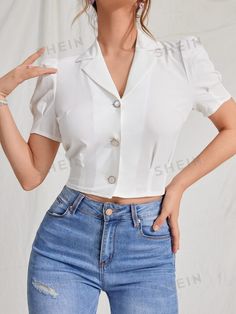 Free Returns ✓ Free Shipping✓. SHEIN EZwear Summer White Lapel Collar Puff Sleeve Button Up Blouse- Women Blouses at SHEIN. Polo Crop Top, Korean Top, Going Out Shirts, New Order, Fashion Design Dress, Summer White, Blouse Short Sleeve, Elegant Shirt, Shein Tops