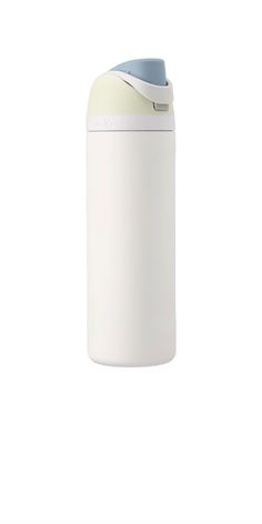 a white and blue plastic bottle with a lid on the side, against a white background