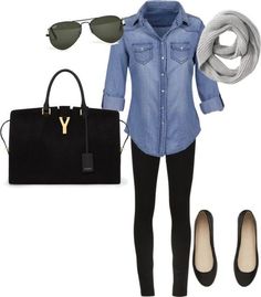 Denim Shirt, Black Skinny Jeans and Black Flats. I would love a denim blouse to wear with leggings for the fall/winter. Denim Blouse, Cute Fall Outfits, 가을 패션, Clothes And Accessories, Fashion Mode, Polyvore Outfits