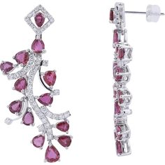 Radiant 18K White Gold Ruby Earrings with Diamond Accents Luxury Diamond Earrings With Prong Setting, Luxury Ruby Earrings With Prong Setting, Ruby Gemstone Diamond Earrings For Formal Occasions, Formal Ruby Gemstone Diamond Earrings, Red Diamond Drop Earrings For Formal Events, Red Diamond Drop Earrings For Formal Occasions, Formal Red Diamond Drop Earrings, Red Cluster Earrings For Formal Events, Luxury Ruby Earrings For Evening