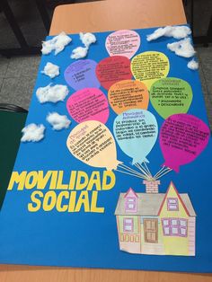 a bulletin board with some balloons on it and the words movilidad social written in different languages