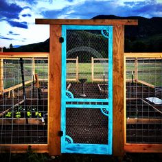 a blue door is in the middle of a fenced area with plants and vegetables