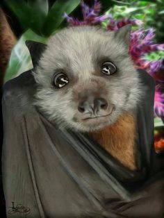 a close up of a bat with flowers in the backgroung behind it