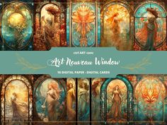 art nouveau window digital papers with an image of women and angels on them, all in different colors