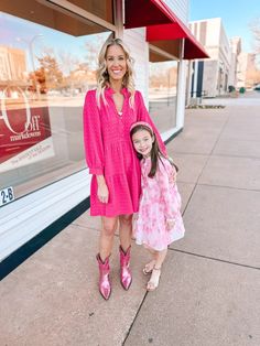 Recently I had the pleasure of having my sweet girl join me to share some mommy and me Valentine’s Day outfits. I LOVE when work means we get to do something together. She is such a joy and always makes this kind of thing so much fun! I am sharing the photos for my pink dress and her floral dress below. You can see the other two looks on our reel. Everything is from Shop the Mint and Shop the Mint girls.