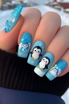 Winter Nails Acrylic Blue, Penguin Nails Christmas, Christmas Cute Nails, Short Acrylic Nails Winter, Blue Xmas Nails, Nailart Winter, Penguin Nail Art