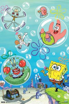 an image of spongebob and friends in the air with bubbles floating around them