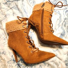 Ankle Boots With Fur Detail Around The Top. Stylish And Comfortable. Nwot Winter Beige Lace-up Heels, Beige Lace-up Heels For Winter, Brown Ankle-high Winter Heels, Brown Lace-up Medium Width Booties, Boots With Fur, Jessica Simpson Shoes, Fur Boots, Jessica Simpson, Ankle Booties