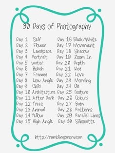 the 30 days of photography printable calendar with instructions to take it all in one place