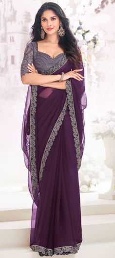 Purple and Violet color Saree in Chiffon fabric with Embroidered, Sequence, Thread work Elegant Purple Georgette Embroidered Fabric, Elegant Purple Embroidered Georgette Fabric, Purple Georgette Embroidered Fabric For Reception, Intricate Embroidery Purple Blouse Piece For Wedding, Purple Georgette Saree For Reception, Purple Georgette Blouse With Intricate Embroidery, Chiffon Saree With Resham Embroidery For Reception, Chiffon Traditional Wear With Resham Embroidery For Wedding, Wedding Traditional Wear With Resham Embroidery In Chiffon