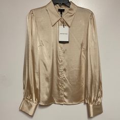 Classic Slightly Oversized Metallic Champagne Button Down Blouse! Nwt Size L 100% Polyester Affordable Gold Button-up Blouse, Chic Gold Top With Button Closure, Chic Gold Tops With Button Closure, Long Sleeve Sheen Blouse For Work, Metallic Button-up Blouse For Fall, Gold Button-up Top For Workwear, Gold Button-up Top For Work, Long Sleeve Sheen Tops For Work, Elegant Gold Button-up Tops