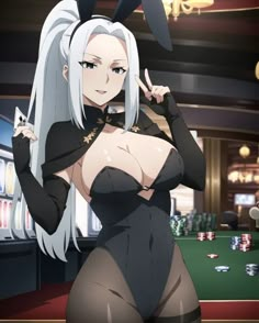 a woman with white hair is posing in front of a pool table and playing cards