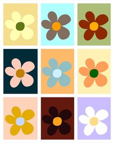 six squares with different colored flowers in the middle and one flower on each side, all arranged