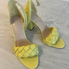 Never Worn Yellow Sandals With 4-inch Heel For Summer, Yellow Open Heel Synthetic Sandals, Synthetic High Heel Summer Heels, Trendy Synthetic Sandals With Low Heel, Trendy Low Heel Synthetic Sandals, Summer Yellow Heels With Buckle Closure, Yellow Sandals With Padded Block Heel, Yellow Block Heel Sandals With Padded Heel, Summer Block Heel Heels In Synthetic