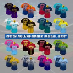 Gradient Custom Baseball Jersey is a stylish and functional piece that ensuring a comfortable fit for groups, individuals, couples, teams, or anyone who loves Gradient fashionable and sporty vibe. From casual outings to intense gameplay, this baseball jersey always guarantees both style and performance. If you have any other design ideas, or any changes to the jersey details, simply share an image and we will create a visual representation for you to confirm. ⚾FEATURES - Personalized with your c Cheap Men's Baseball Jersey With Team Spirit, Customizable Team-colored Baseball Jersey, Customizable Casual Jersey With Sublimation Print, Casual Jersey With Sublimation Print For Customization, Casual Sublimation Print Jersey For Customization, Casual Fitted Jersey With Sublimation Print, Customizable Casual Short Sleeve Jersey, Collegiate Breathable Tops For Team Events, Breathable Collegiate Tops For Team Events