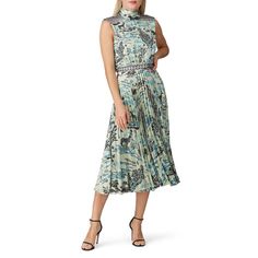 Green floral printed satin (100% Polyester). Hourglass. Sleeveless. High neckline. Hidden back zipper closure with button keyhole. Partially lined. 46" from shoulder to hemline. Imported. Elegant Silk Sleeveless Dress With Floral Print, Elegant Printed Sleeveless Midi Dress, Sleeveless Silk Printed Dress, Elegant Sleeveless Printed Midi Dress, Sleeveless Silk Midi Dress With Floral Print, Sleeveless Silk Midi Dress With Print, Sleeveless Silk Printed Midi Dress, Sleeveless Printed Midi Dress For Evening, Midi Silk Dress