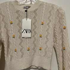 Brand New Fitted Cotton Sweater With Floral Embroidery, Fitted Sweater With Floral Embroidery For Spring, Fitted Floral Embroidery Tops For Winter, Embroidered Fitted Casual Sweater, Fitted Casual Embroidered Sweater, Fitted Embroidered Casual Sweater, Fitted Long Sleeve Sweater With Floral Embroidery, Zara Embroidered Tops For Fall, Embroidered Zara Tops For Fall