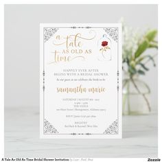 a white and gold wedding card with a ladybug on the front, says it's time as old as time